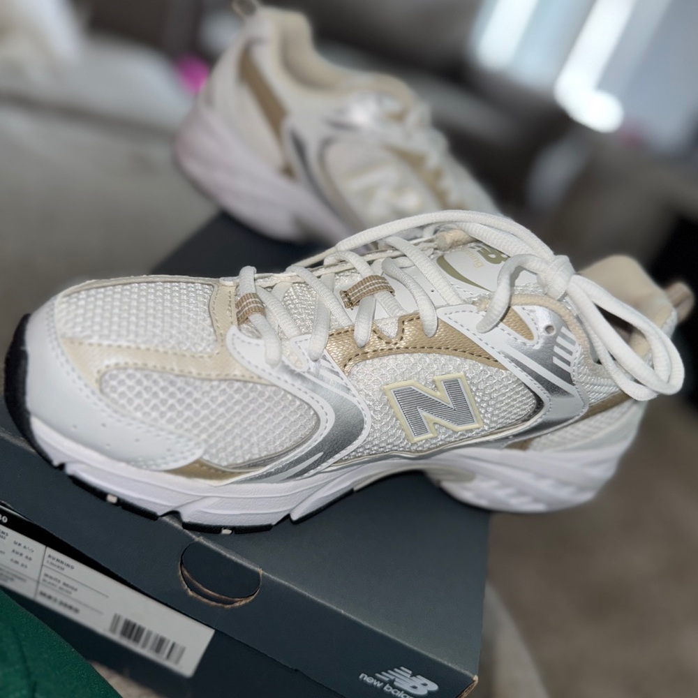 New Balance Mesh Sneakers in White and Gold